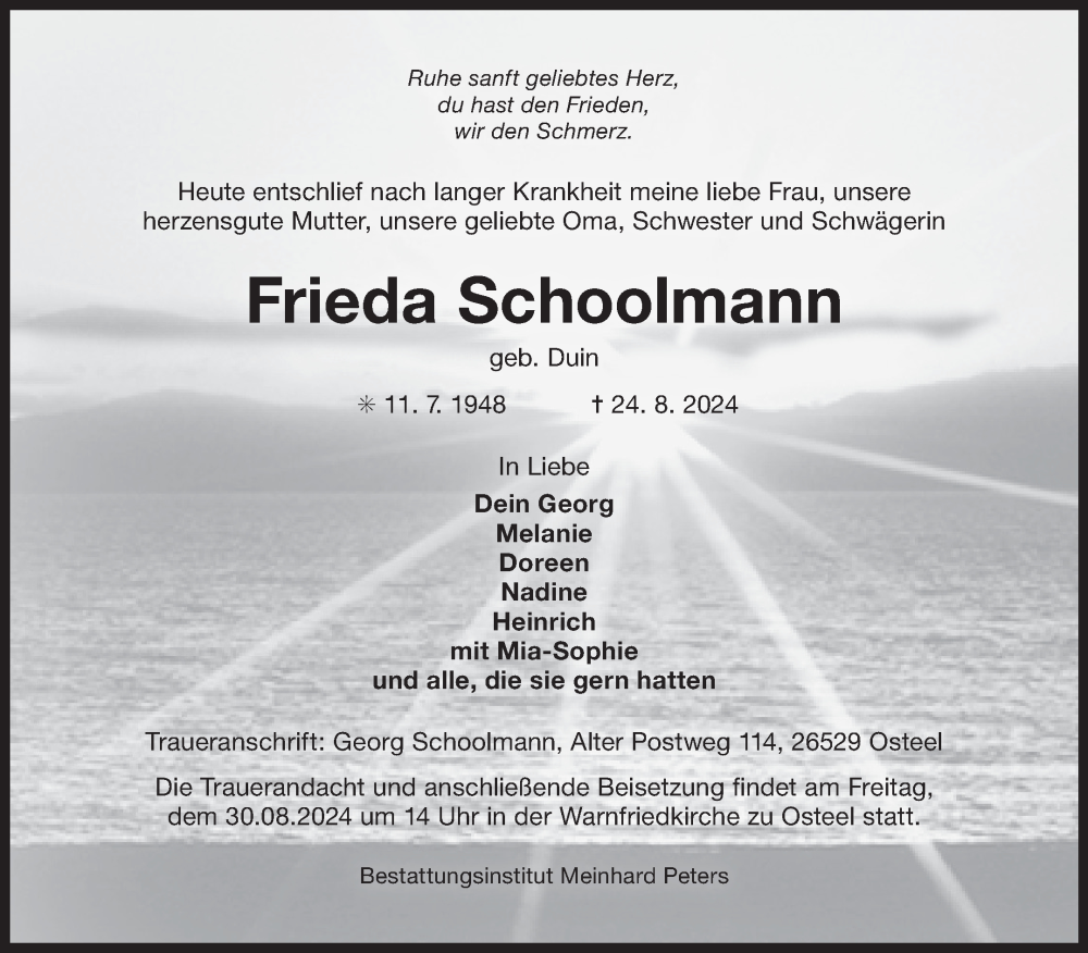  Traueranzeige für Frieda Schoolmann vom 28.08.2024 aus Ostfriesischer Kurier GmbH