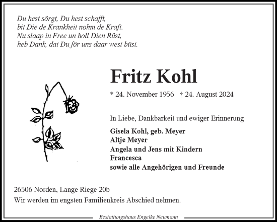 Traueranzeige von Fritz Kohl von Ostfriesischer Kurier GmbH