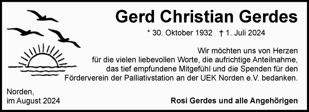  Traueranzeige für Gerd Christian Gerdes vom 17.08.2024 aus Ostfriesischer Kurier GmbH
