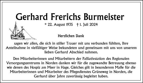 Traueranzeige von Gerhard Frerichs Burmeister von Ostfriesischer Kurier GmbH