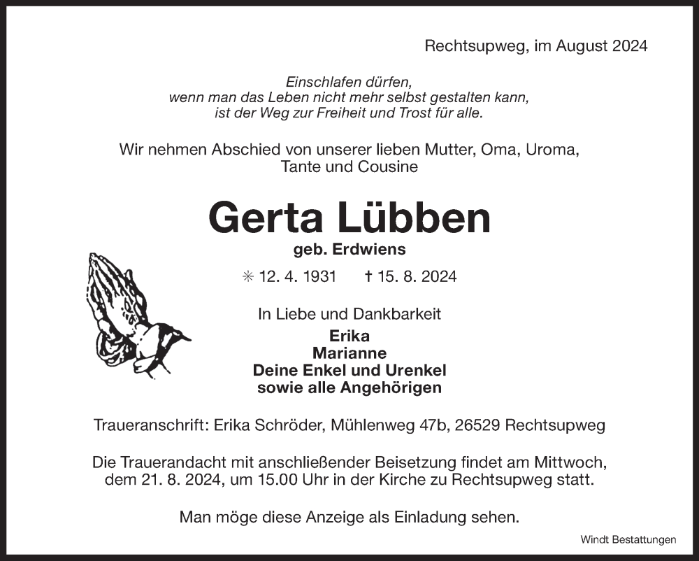  Traueranzeige für Gerta Lübben vom 17.08.2024 aus Ostfriesischer Kurier GmbH