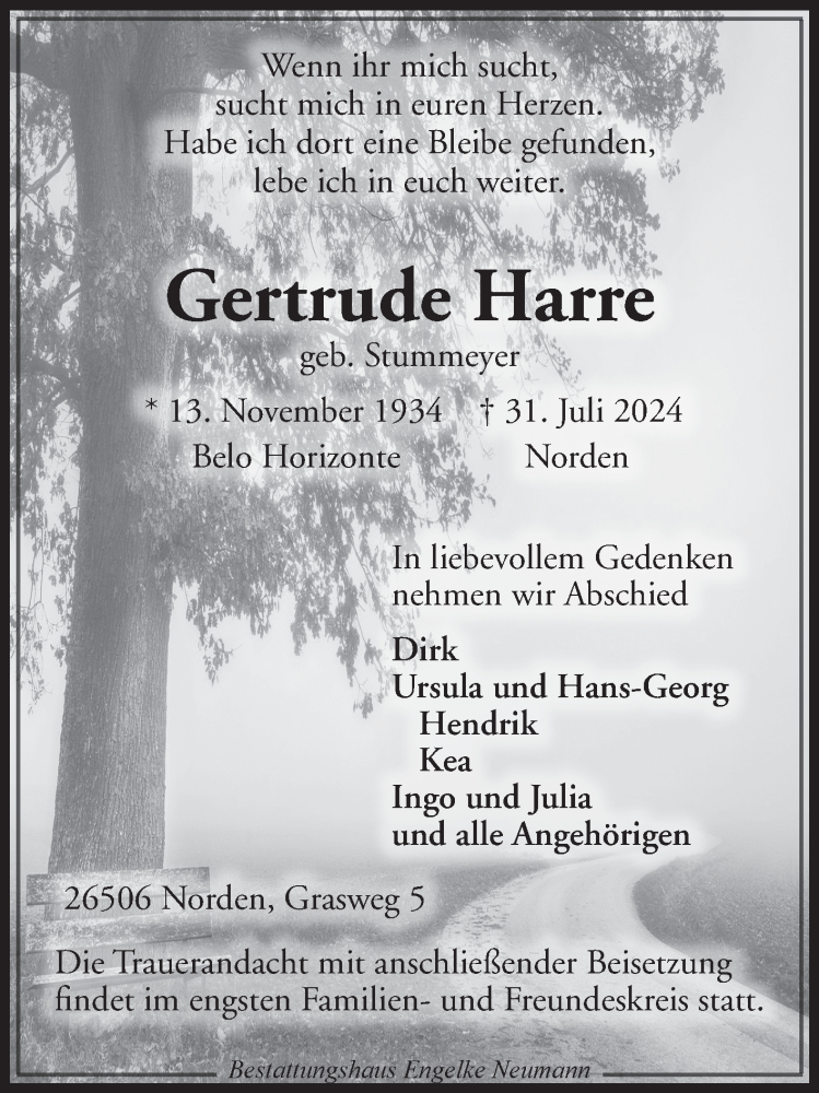  Traueranzeige für Gertrude Harre vom 03.08.2024 aus Ostfriesischer Kurier GmbH