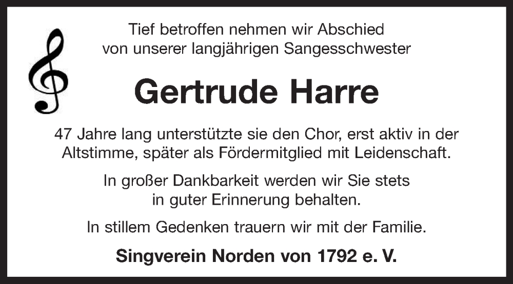  Traueranzeige für Gertrude Harre vom 17.08.2024 aus Ostfriesischer Kurier GmbH