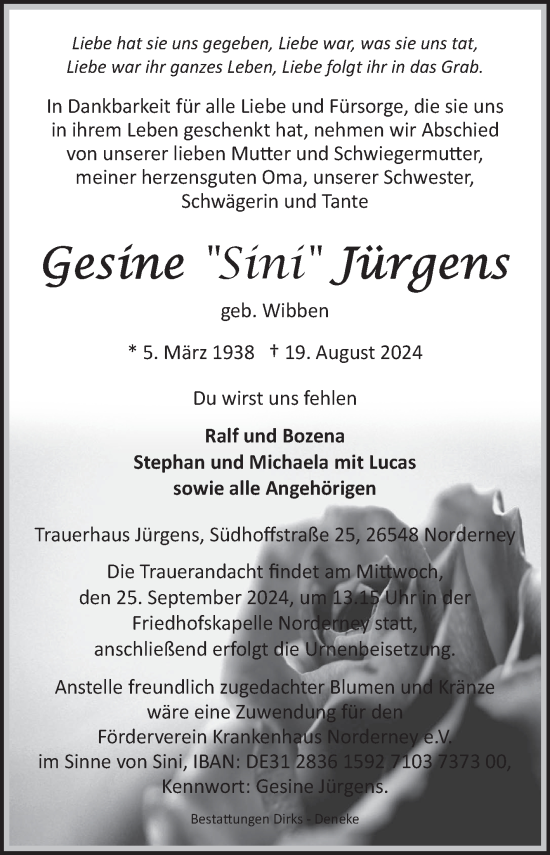 Traueranzeige von Gesine Jürgens von Ostfriesischer Kurier GmbH