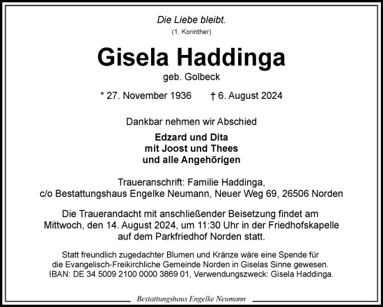 Traueranzeige von Gisela Haddinga von Ostfriesischer Kurier GmbH