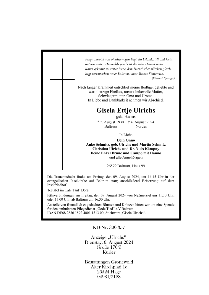 Traueranzeige für Gisela Ulrichs vom 06.08.2024 aus Ostfriesischer Kurier GmbH