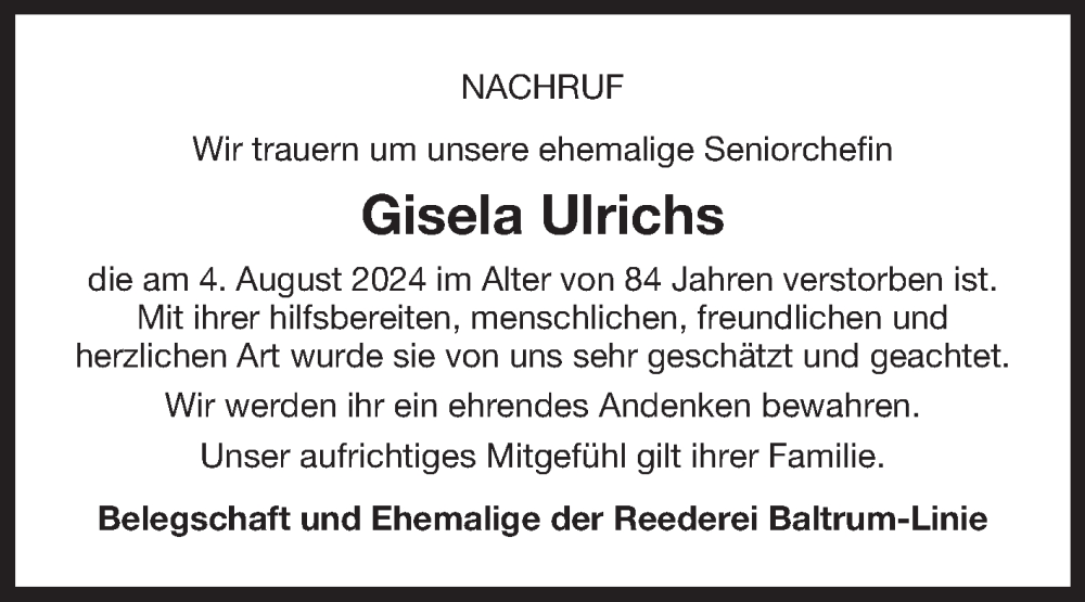  Traueranzeige für Gisela Ulrichs vom 07.08.2024 aus Ostfriesischer Kurier GmbH