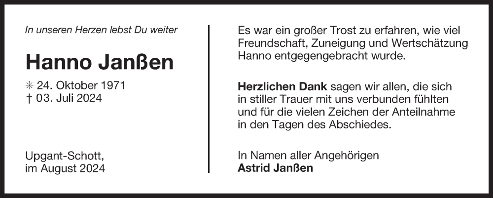  Traueranzeige für Hanno Janßen vom 10.08.2024 aus Ostfriesischer Kurier GmbH