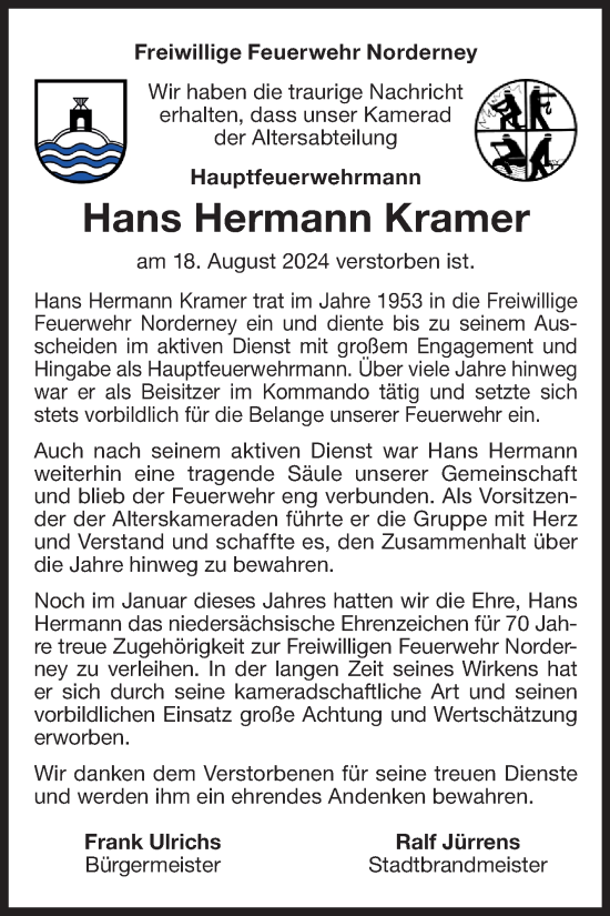 Traueranzeige von Hans Hermann Kramer von Ostfriesischer Kurier GmbH
