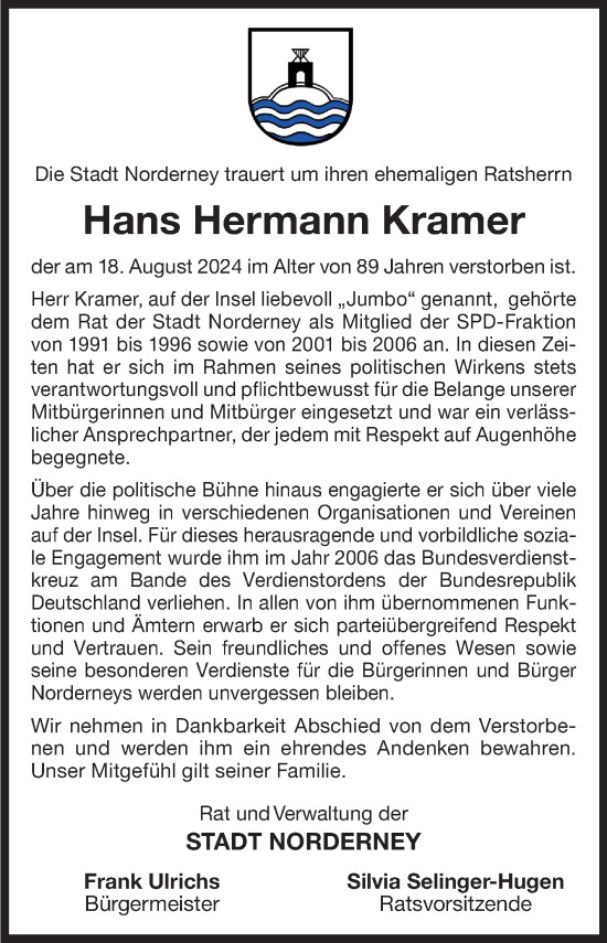 Traueranzeige von Hans Hermann Kramer von Ostfriesischer Kurier GmbH