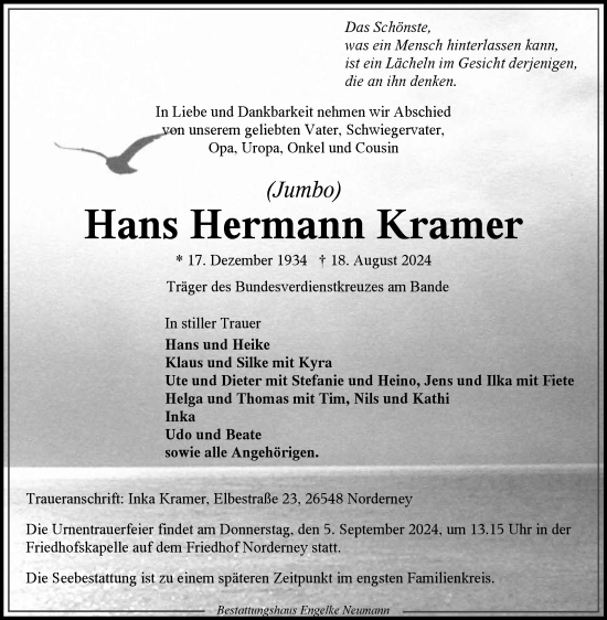 Traueranzeige von Hans Hermann Kramer von Ostfriesischer Kurier GmbH