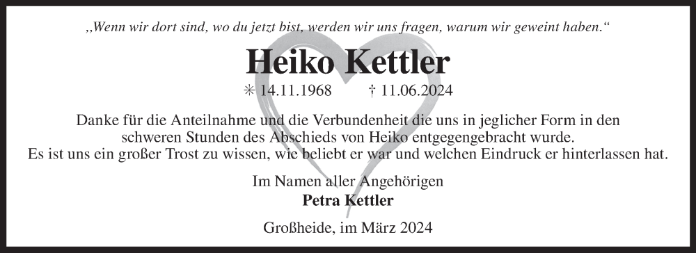  Traueranzeige für Heiko Kettler vom 03.08.2024 aus Ostfriesischer Kurier GmbH
