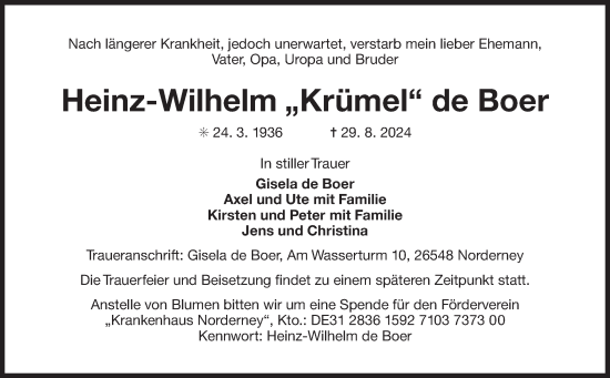 Traueranzeige von Heinz-Wilhelm de Boer von Ostfriesischer Kurier GmbH