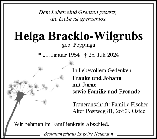 Traueranzeige von Helga Bracklo-Wilgrubs von Ostfriesischer Kurier GmbH