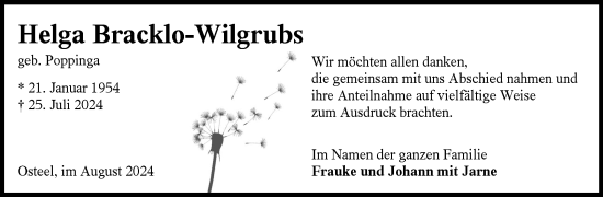 Traueranzeige von Helga Bracklo-Wilgrubs von Ostfriesischer Kurier GmbH