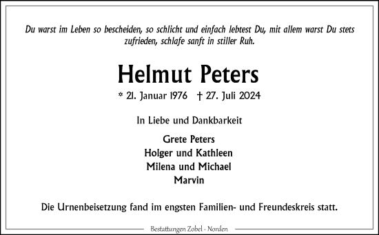 Traueranzeige von Helmut Peters von Ostfriesischer Kurier GmbH