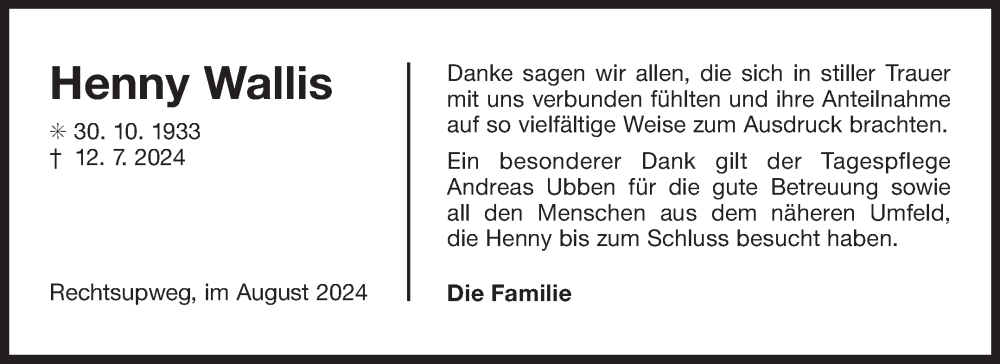  Traueranzeige für Henny Wallis vom 24.08.2024 aus Ostfriesischer Kurier GmbH