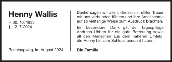 Traueranzeige von Henny Wallis von Ostfriesischer Kurier GmbH