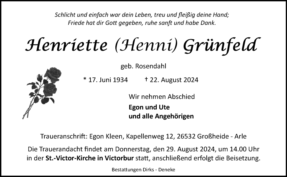  Traueranzeige für Henriette Grünfeld vom 26.08.2024 aus Ostfriesischer Kurier GmbH