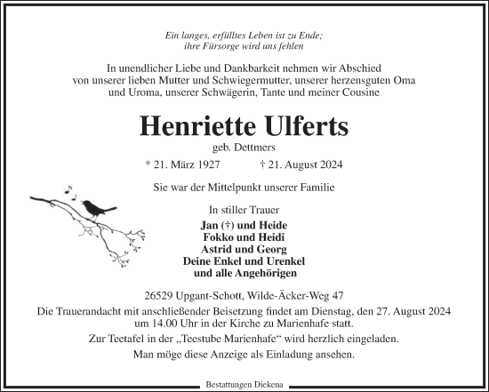 Traueranzeige von Henriette Ulferts von Ostfriesischer Kurier GmbH