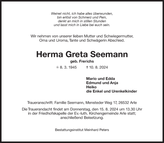 Traueranzeige von Herma Greta Seemann von Ostfriesischer Kurier GmbH