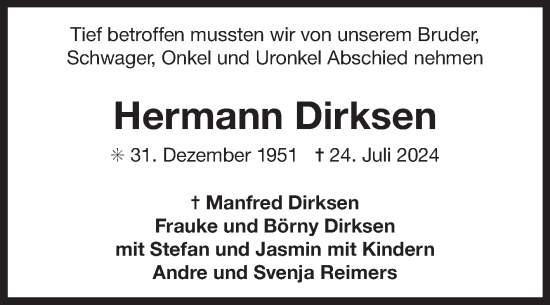 Traueranzeige von Hermann Dirksen von Ostfriesischer Kurier GmbH