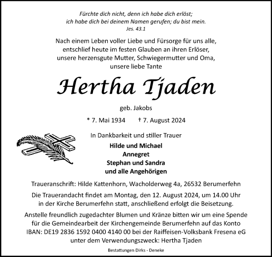 Traueranzeige von Hertha Tjaden von Ostfriesischer Kurier GmbH