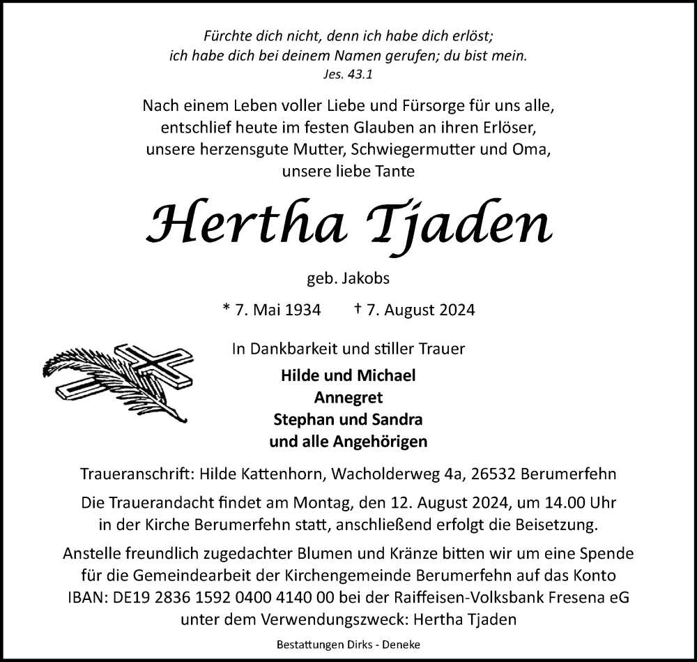  Traueranzeige für Hertha Tjaden vom 09.08.2024 aus Ostfriesischer Kurier GmbH