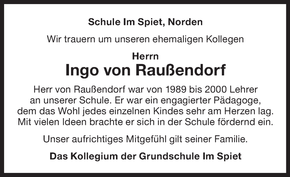  Traueranzeige für Ingo von Raußendorf vom 24.08.2024 aus Ostfriesischer Kurier GmbH