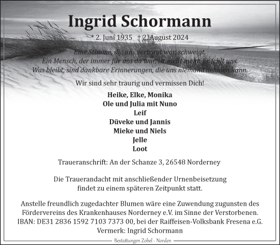 Traueranzeige von Ingrid Schormann von Ostfriesischer Kurier GmbH