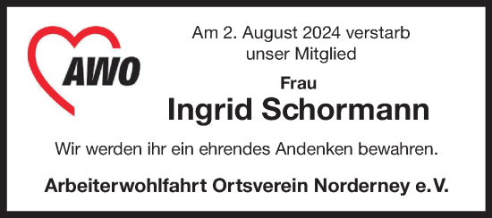 Traueranzeige von Ingrid Schormann von Ostfriesischer Kurier GmbH
