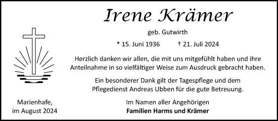 Traueranzeige von Irene Krämer von Ostfriesischer Kurier GmbH