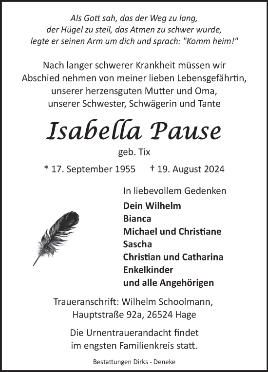 Traueranzeige von Isabella Pause von Ostfriesischer Kurier GmbH