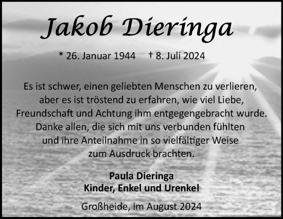 Traueranzeige von Jakob Dieringa von Ostfriesischer Kurier GmbH