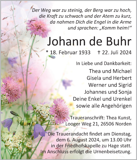 Traueranzeige von Johann de Buhr von Ostfriesischer Kurier GmbH