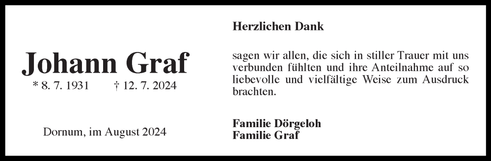 Traueranzeige für Johann Graf vom 24.08.2024 aus Ostfriesischer Kurier GmbH
