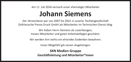 Traueranzeige von Johann Siemens von Ostfriesischer Kurier GmbH