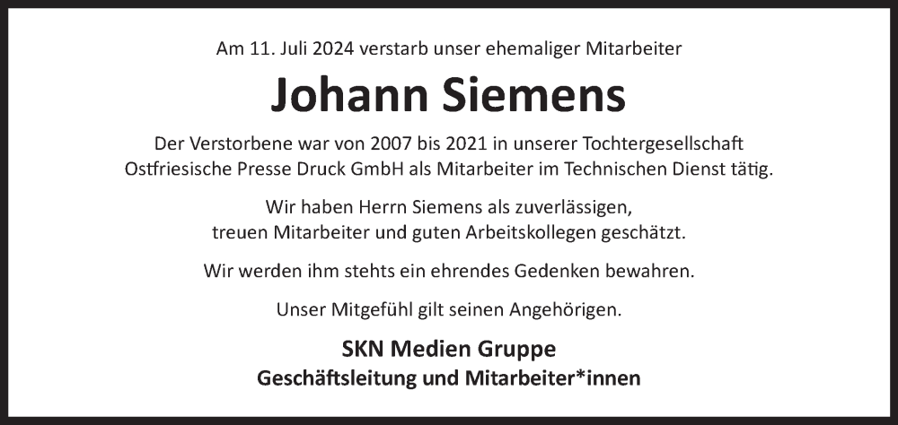  Traueranzeige für Johann Siemens vom 10.08.2024 aus Ostfriesischer Kurier GmbH