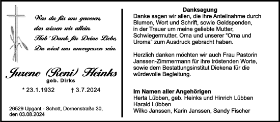 Traueranzeige von Jurene Heinks von Ostfriesischer Kurier GmbH