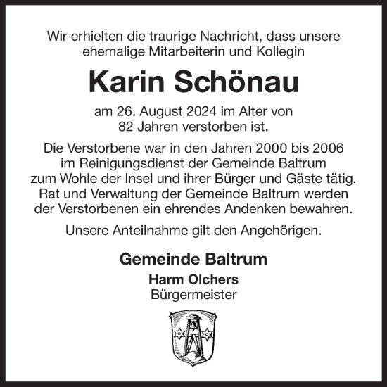 Traueranzeige von Karin Schönau von Ostfriesischer Kurier GmbH