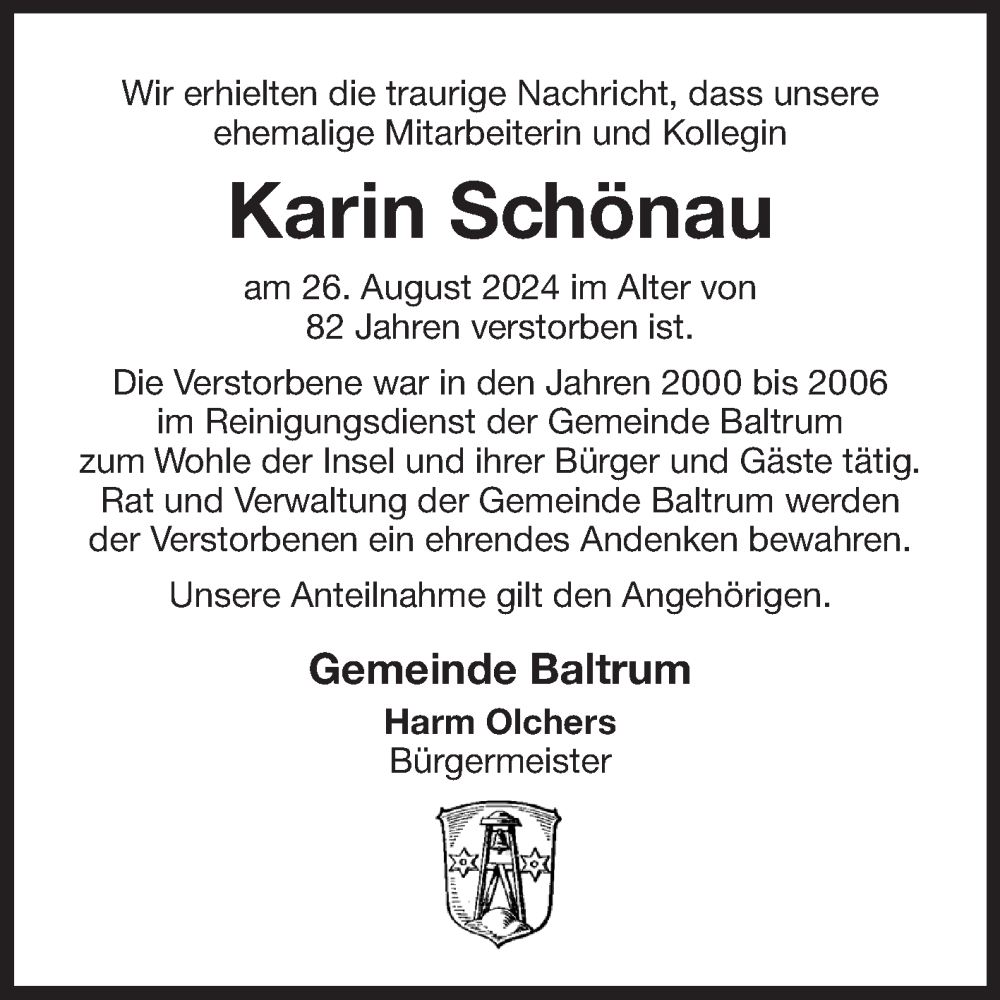  Traueranzeige für Karin Schönau vom 31.08.2024 aus Ostfriesischer Kurier GmbH