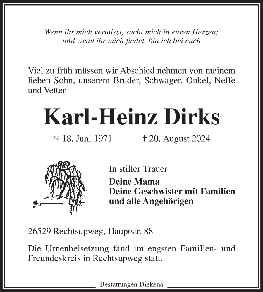  Traueranzeige für Karl-Heinz Dirks vom 31.08.2024 aus Ostfriesischer Kurier GmbH