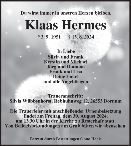 Traueranzeige von Klaas Hermes von Ostfriesischer Kurier GmbH