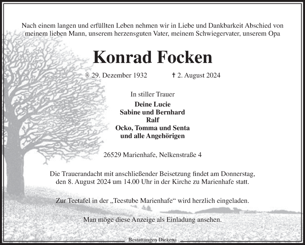  Traueranzeige für Konrad Focken vom 05.08.2024 aus Ostfriesischer Kurier GmbH