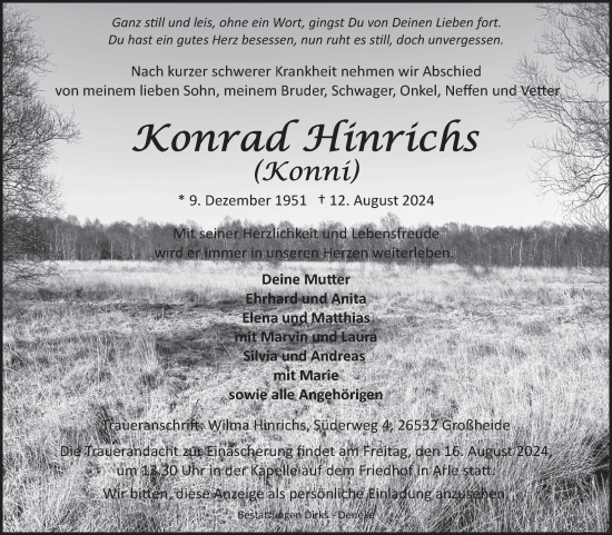 Traueranzeige von Konrad Hinrichs von Ostfriesischer Kurier GmbH