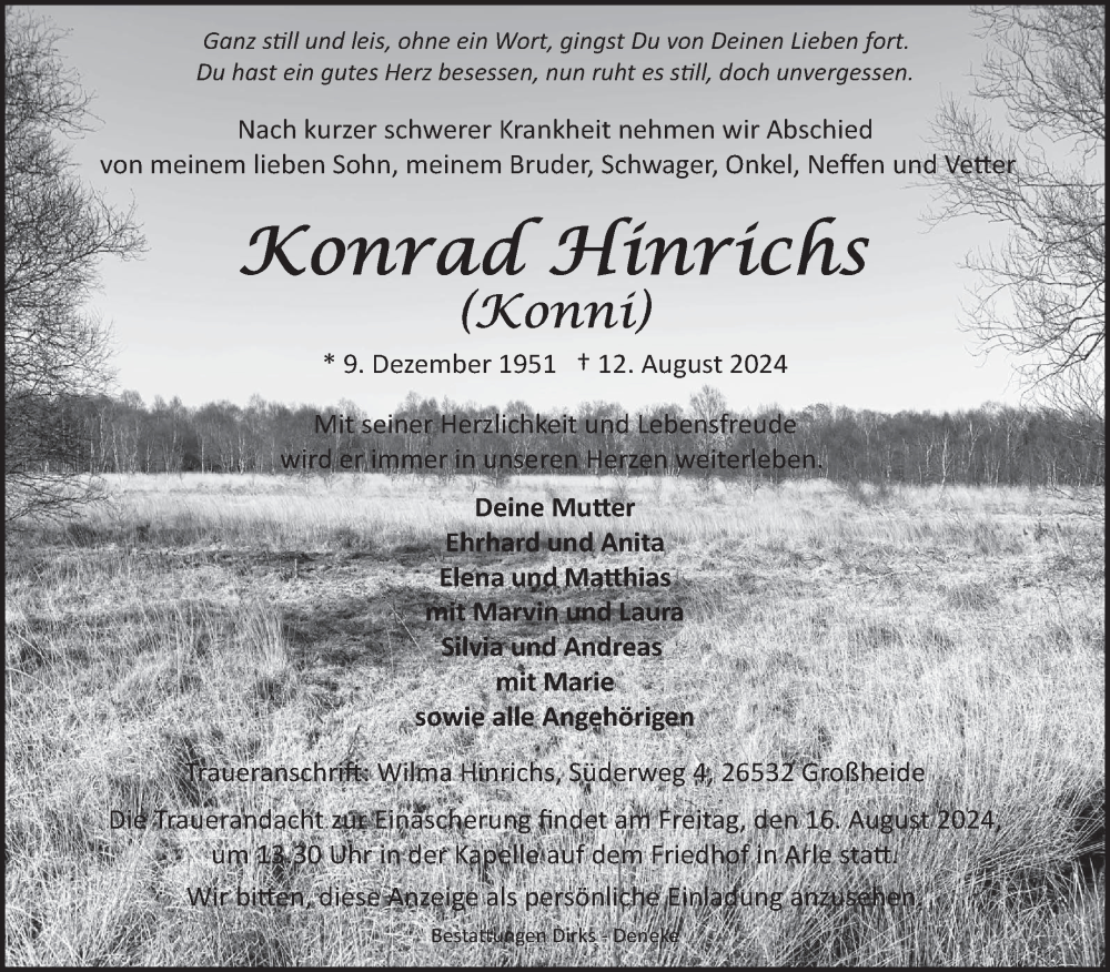 Traueranzeige für Konrad Hinrichs vom 13.08.2024 aus Ostfriesischer Kurier GmbH