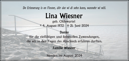 Traueranzeige von Lina Wiesner von Ostfriesischer Kurier GmbH
