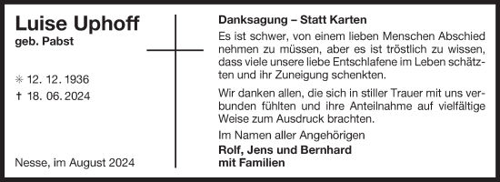 Traueranzeige von Luise Uphoff von Ostfriesischer Kurier GmbH