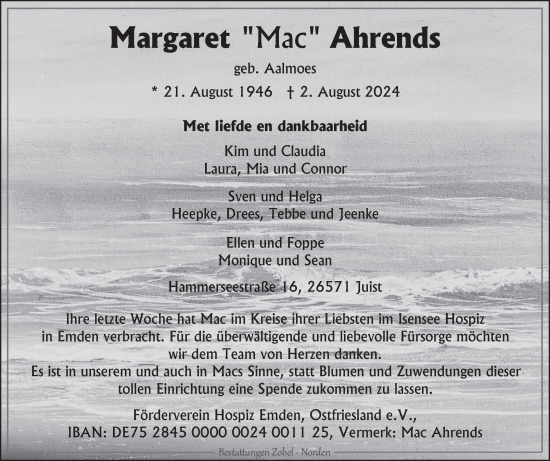 Traueranzeige von Margaret Ahrends von Ostfriesischer Kurier GmbH