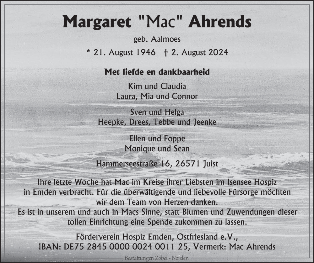  Traueranzeige für Margaret Ahrends vom 08.08.2024 aus Ostfriesischer Kurier GmbH